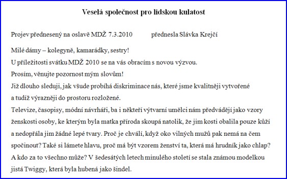 Projev Slvky Krej na oslavch MD 2010 - 1.st